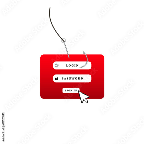Illustration of a login form on a hook symbolizing phishing threats and online security attacks.