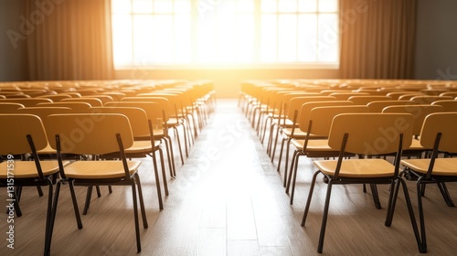 Rows of empty chairs in a naturally lit room with window view empty