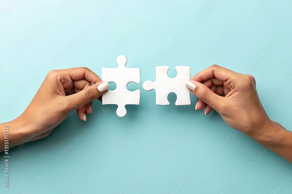 Puzzle Piece Partnership: Two hands carefully holding and connecting puzzle pieces, symbolizing teamwork, collaboration, and the joining of ideas and solutions.