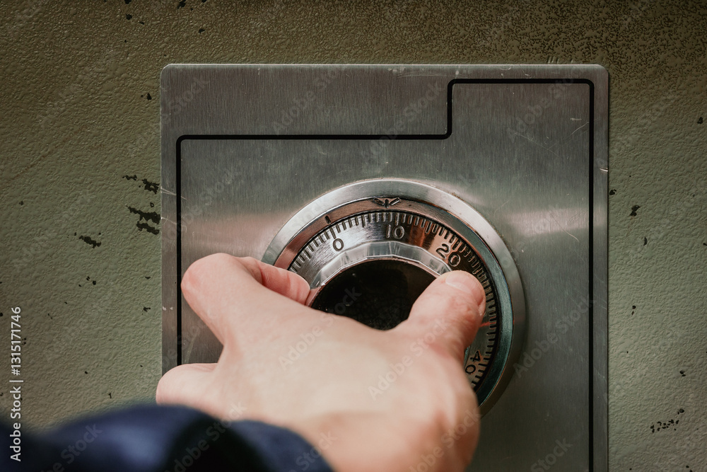 Fotografie Person using security safe with mechanical combination lock or dial safe lock