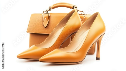 A close-up of a pair of high-heeled shoes with a handbag on a white isolated background