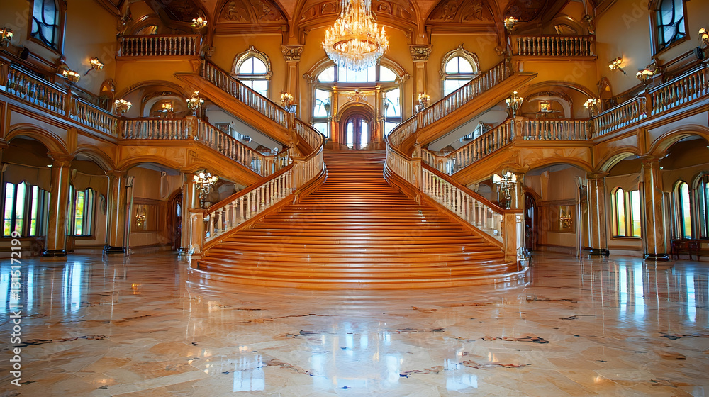 Obraz premium Grand Mansion Interior Opulent wooden staircase, marble floors, high ceilings, and chandelier; perfect for luxury real estate