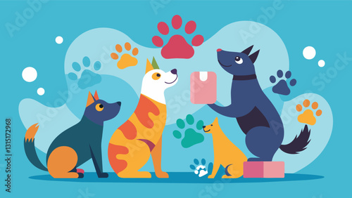 Even pets join in on the artistic fun with their paw prints adding a playful touch to the otherwise serious task of mural painting.. Vector illustration