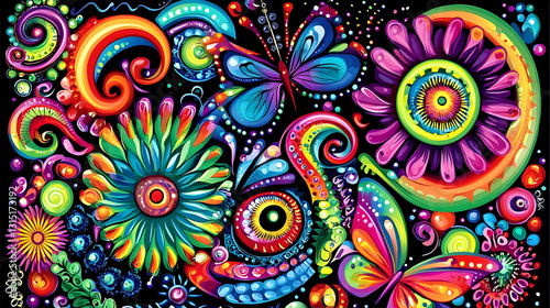 Vibrant floral and butterfly design; psychedelic swirls; dark background; website or print design
