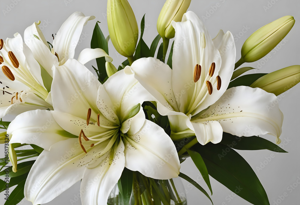 Fototapeta premium Beautiful white lilies on light background, closeup