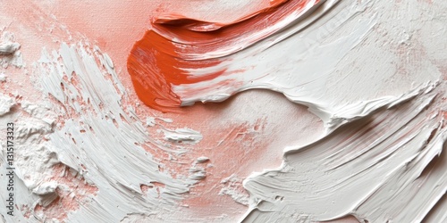 Textured canvas showcasing thick strokes, coral, pristine white acrylics