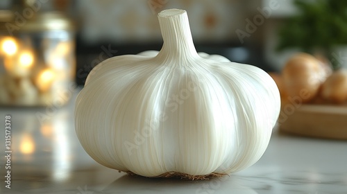 Fresh garlic bulb on marble countertop, kitchen background with decorative jars