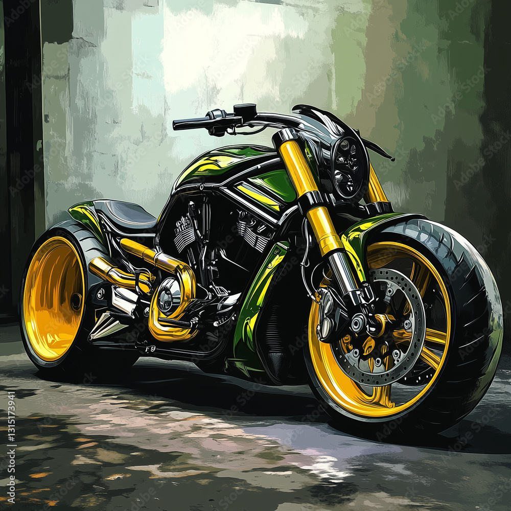 A stylish custom motorcycle in green and gold tones against a concrete wall A stylish custom motorcycle in green and gold tones against a concrete wall