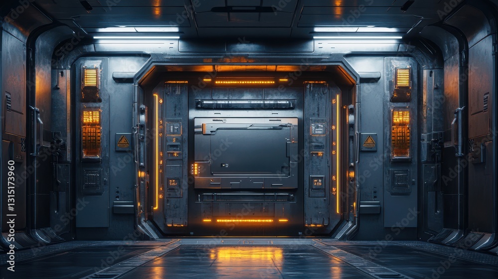 Fototapeta premium Exploration of sci-fi technology futuristic room digital art high-tech environment interior viewpoint