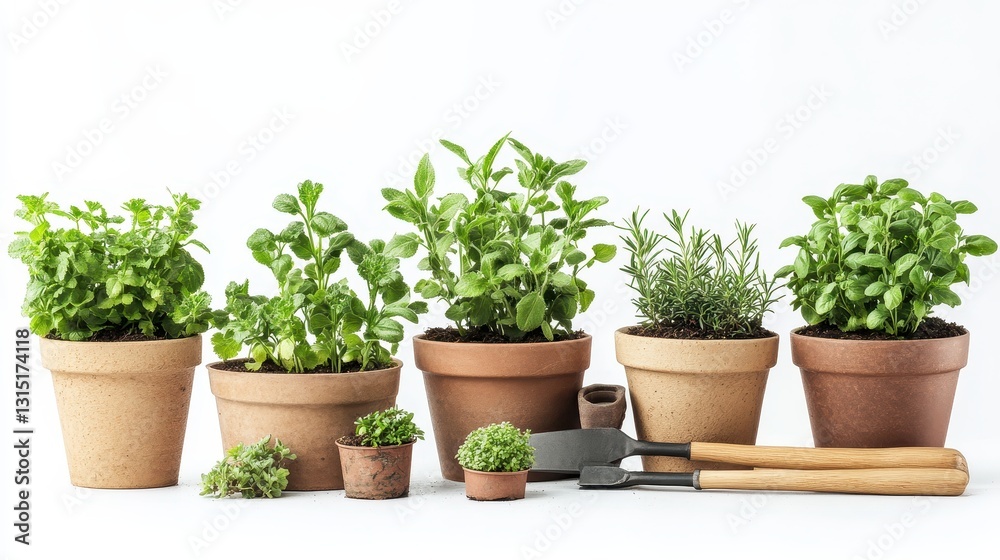 Fototapeta premium A set of gardening pots with plants and tools on a white isolated background