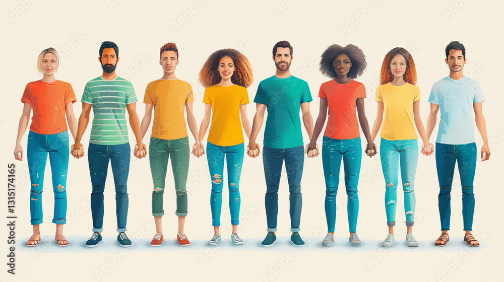 Fototapeta premium Diverse group of people standing holding hands, united in a row.