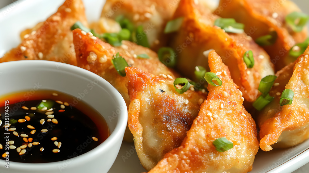 Fried dumplings stuffed with a spicy pork and kimchi filling, served with a vinegar-based dipping sauce and garnished with sliced green onions. Fried dumplings stuffed with a spicy pork and kimchi filling, served with a vinegar-based dipping sauce and garnished with sliced green onions.