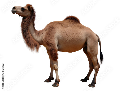 A dromedary camel stands in profile against a plain white background. The camel has a single hump and a light brown coat