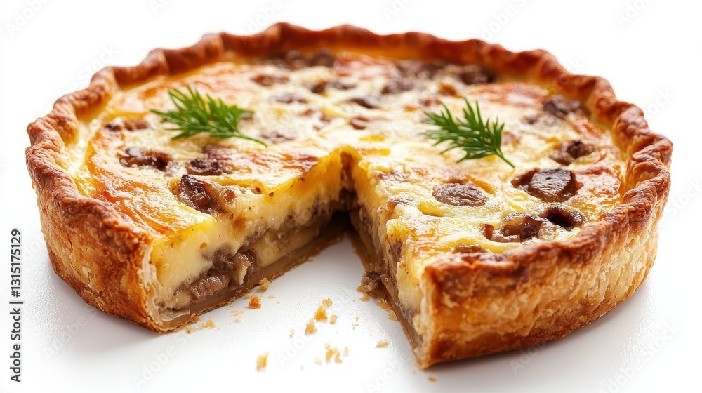 A close-up of a pie with a slice missing on a white isolated background A close-up of a pie with a slice missing on a white isolated background