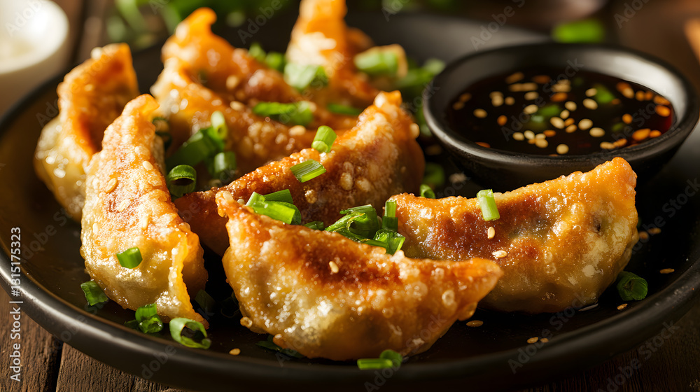 Fried dumplings with a spicy chicken filling, served with a garlic soy dipping sauce and garnished with chopped green onions. Fried dumplings with a spicy chicken filling, served with a garlic soy dipping sauce and garnished with chopped green onions.