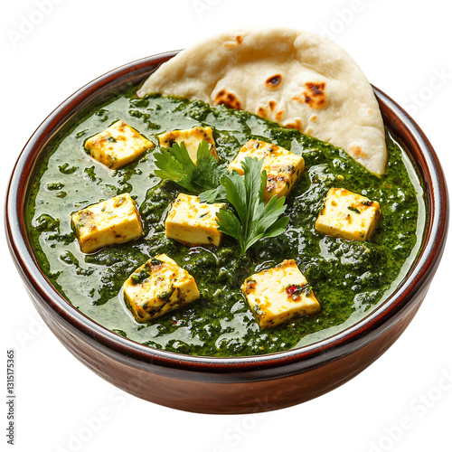 A Bowl of Indian Saag Paneer Spinach and Cheese Curry Isolated on Transparent Background