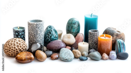 A collection of small decorative objects, such as candles, rocks, and small vases, on a white isolated background