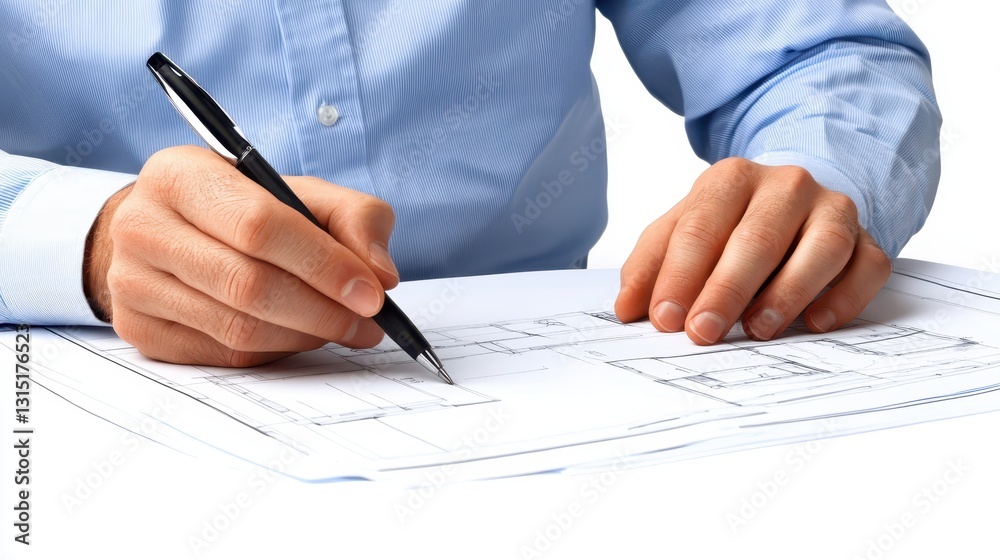 Man in blue shirt making precise adjustments to architectural blueprint Man in blue shirt making precise adjustments to architectural blueprint