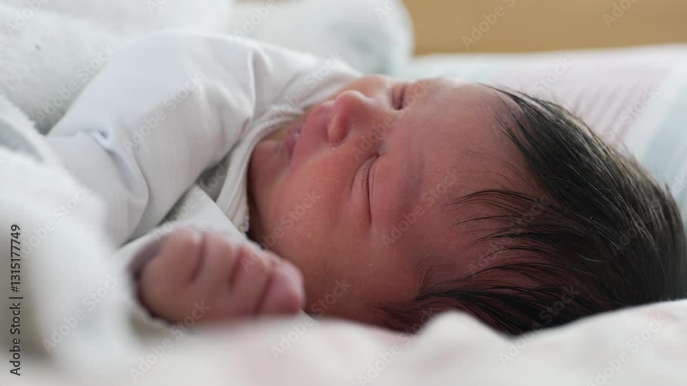 Newborn baby sleeping soundly, with a tiny hand resting near the face. the gentle and serene nature of early life, focusing on the security and comfort of a nurturing environment Newborn baby sleeping soundly, with a tiny hand resting near the face. the gentle and serene nature of early life, focusing on the security and comfort of a nurturing environment