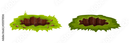 Two cartoon grass-covered holes with rocks and soil, illustrating nature and terrain.