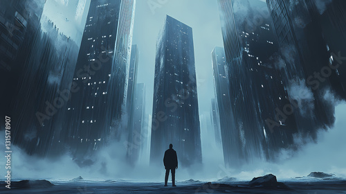 Man standing front tall building cold place monolith surreal taller than skyscraper long odontophobia library feet cascading rustic enormous secure megaliths. Surreal - City. Illustration