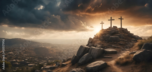 Spiritual Scene of a Cross on a Hill with the Sun Shining Behind It