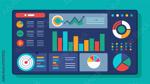 The central dashboard panel boasts a colorful array of realtime graphs and charts making it easy to spot trends and patterns at a quick glance.. Vector illustration