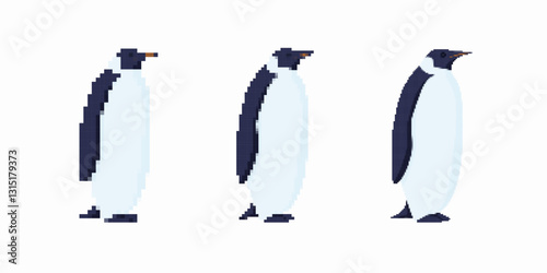 Three penguins in pixel art style, each facing sideways. their beaks are pointing forward.