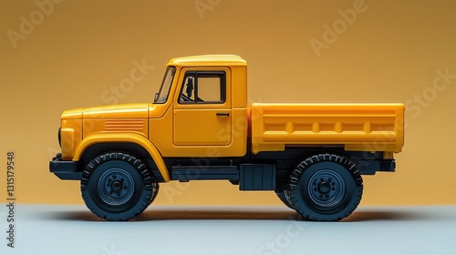 Yellow toy truck, studio shot,  orange background, minimal style