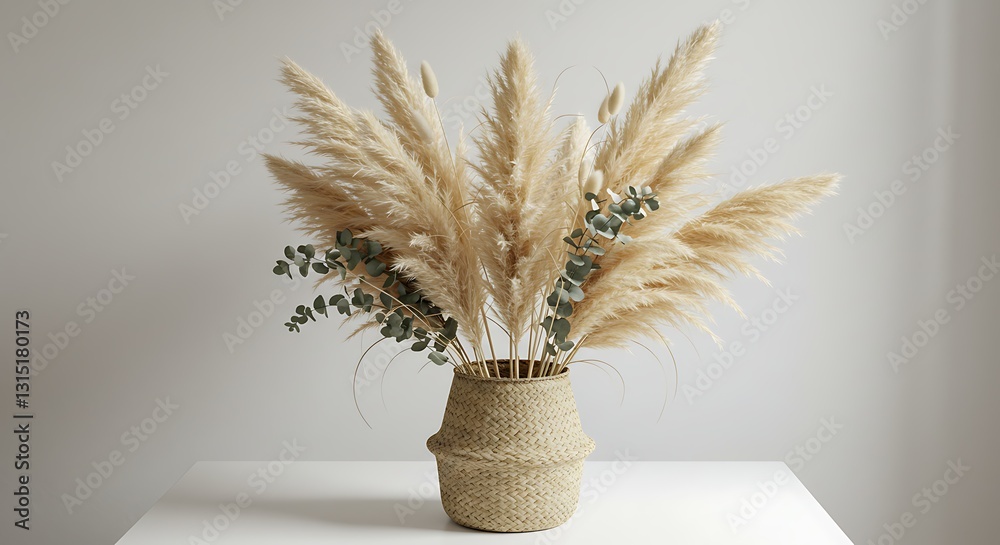 Naklejka premium 柔らかな光に照らされ輝く、 pampas grassとユーカリの美しい花束. AI Generated