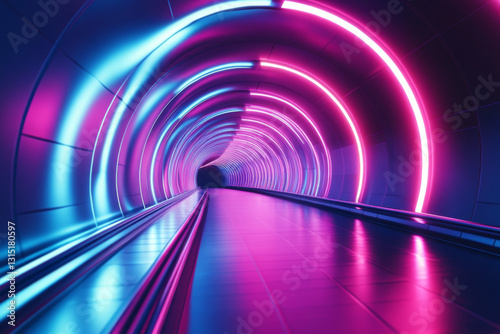 Vivid neon tunnel illuminated with colored lights creating a futuristic atmosphere