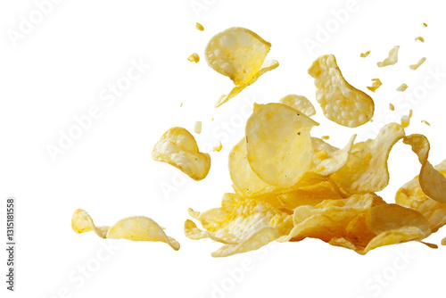 Delicious sour cream and onion potato chips in a dynamic falling motion isolated on transparent background