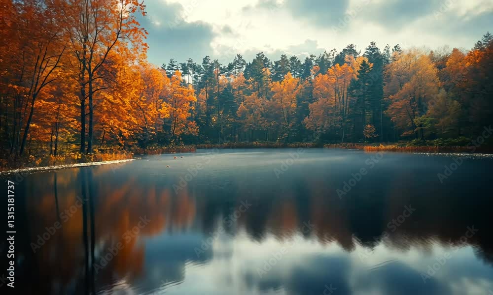 Serene autumn landscape with vibrant orange trees reflecting in calm lake under cloudy sky Serene autumn landscape with vibrant orange trees reflecting in calm lake under cloudy sky