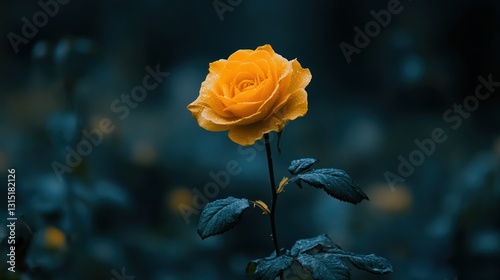 Single yellow rose blooming in a dark garden.