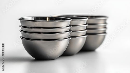 Stacked stainless steel bowls on white background photo