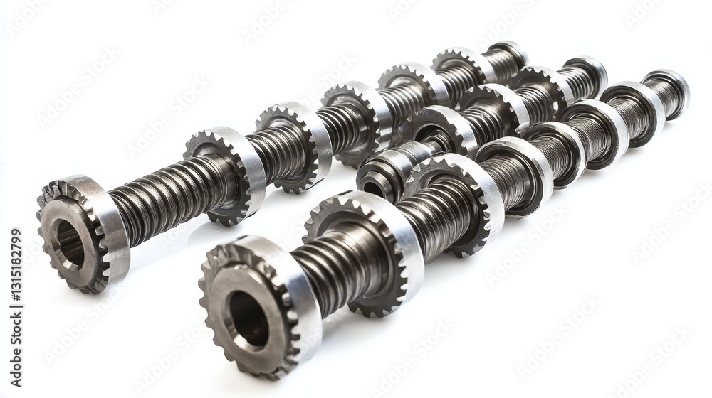 A set of engine camshafts with gear teeth and bearings on a white isolated background A set of engine camshafts with gear teeth and bearings on a white isolated background