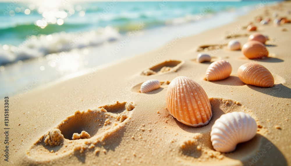 Footprints in the sand leading to seashells on a beach, beachcombing Footprints in the sand leading to seashells on a beach, beachcombing