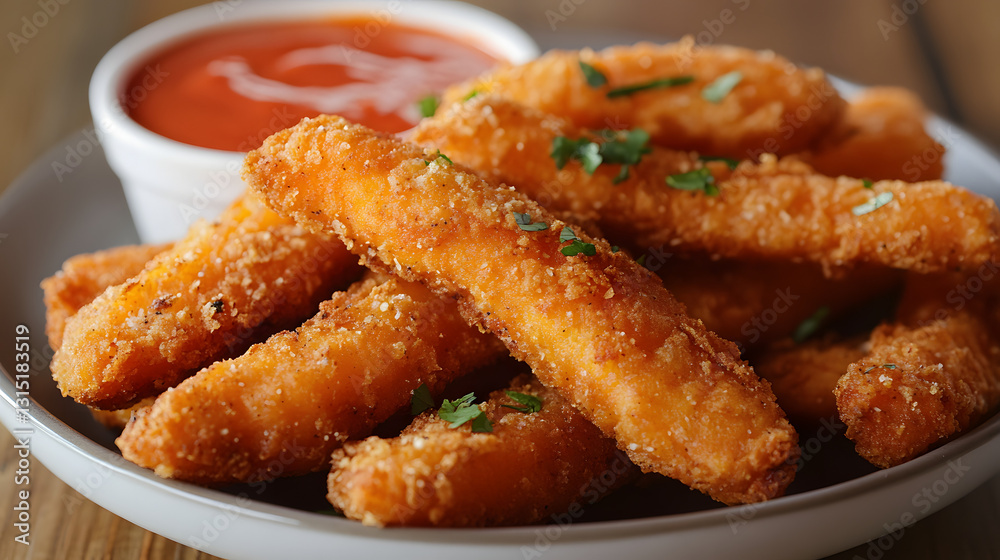 Fried sweet potato fries with a golden crispy texture, served with a tangy, spicy dip sauce for a delicious side dish or snack. Fried sweet potato fries with a golden crispy texture, served with a tangy, spicy dip sauce for a delicious side dish or snack.