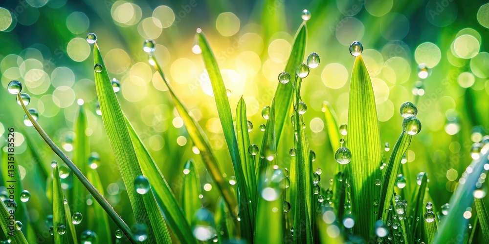 Fototapeta premium Spring Dew Drops Panoramic Photography: Fresh Grass, Morning Sunlight, Nature Wallpaper