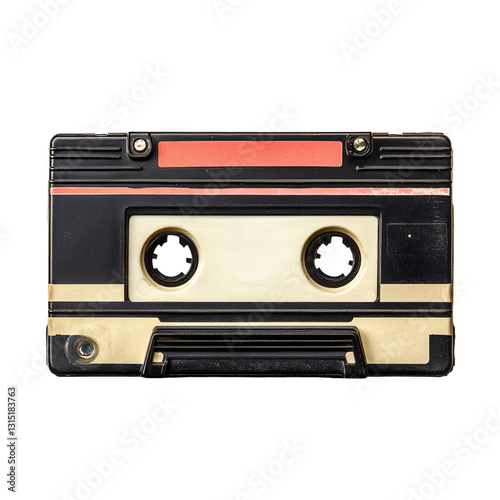 a cassette player with a red and black label