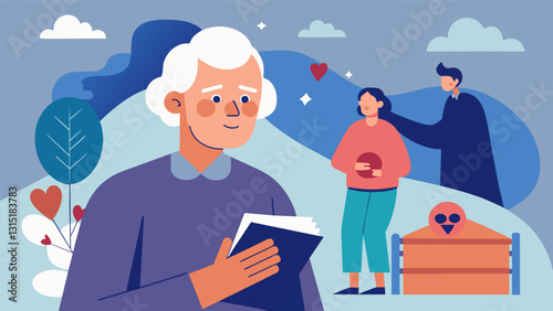 A senior workshop participant shares a heartfelt story as a source of inspiration for their film leading to a moving and emotional piece.. Vector illustration