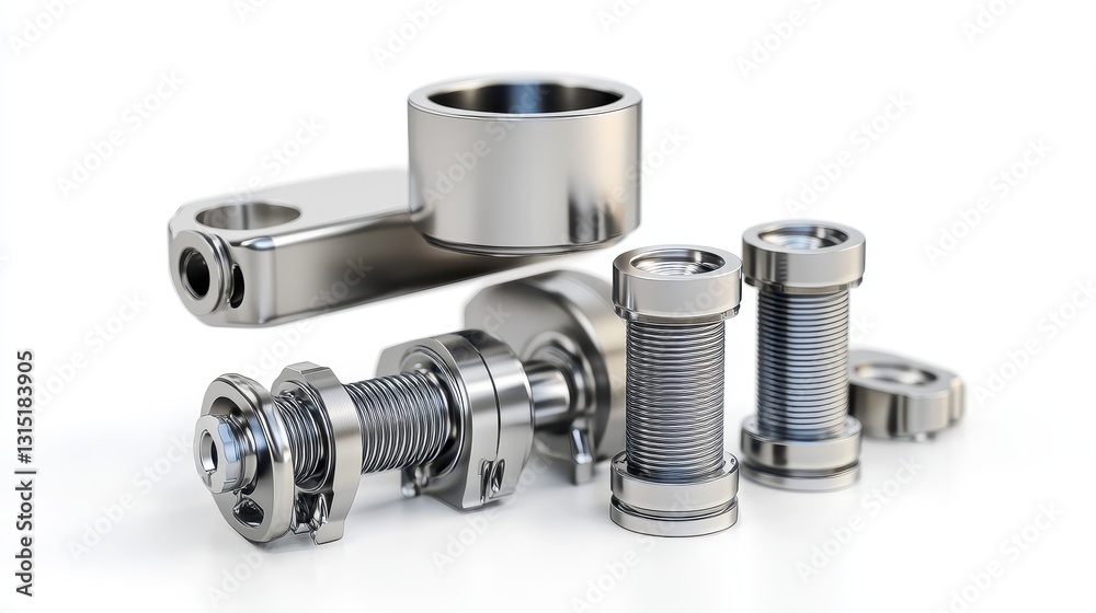 A set of engine pistons with piston rings and connecting rods on a white isolated background A set of engine pistons with piston rings and connecting rods on a white isolated background