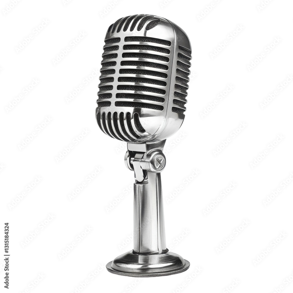 Fototapeta premium Retro Silver Microphone Vintage Style Metal Mic on Stand Broadcast Equipment