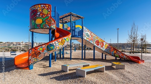 Wallpaper Mural Colorful playground slide in urban park, child on slide, town view in background Torontodigital.ca
