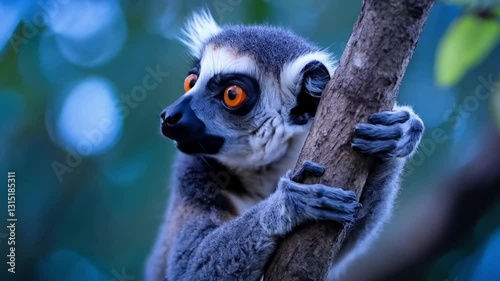 A baby lemur is perched on a tree branch. The animal has a curious look on its face. smooth repeating motion for background video animation