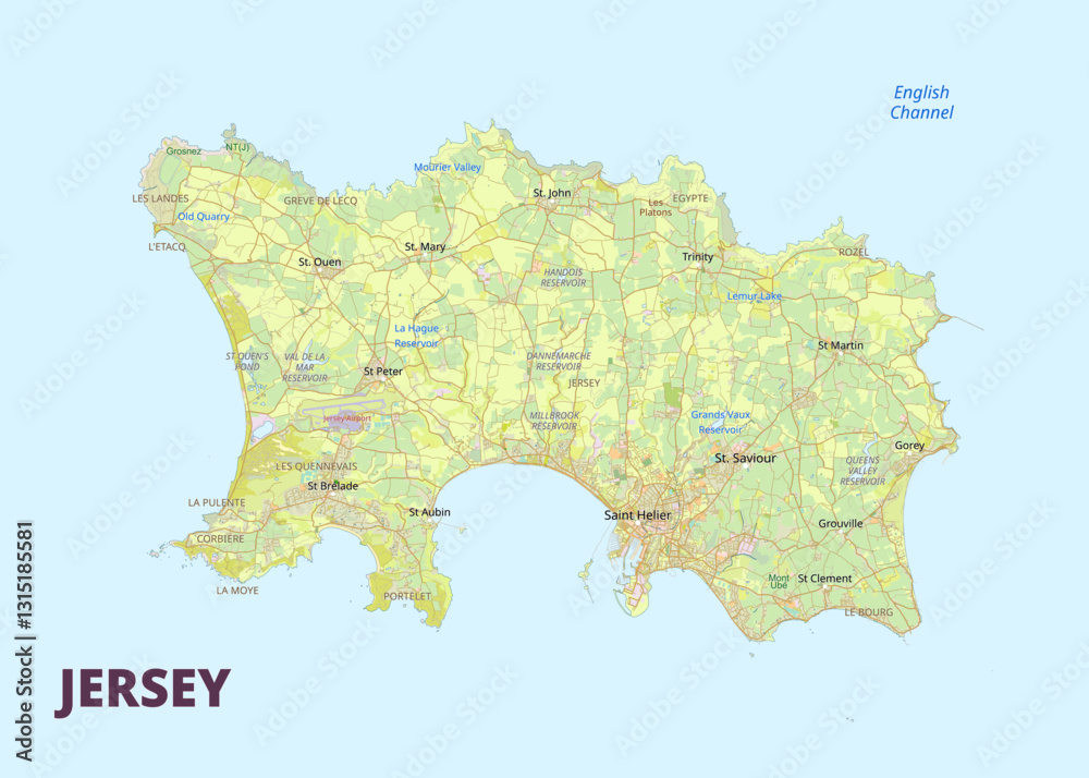 Obraz premium This detailed map showcases the island of Jersey, highlighting its various towns and geographical features. The map is rendered in a light green color scheme, with roads and waterways clearly marked. 