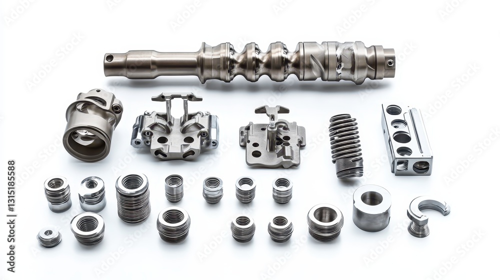 A set of engine components including a valve lifter, camshaft, and rocker arms on a white isolated background A set of engine components including a valve lifter, camshaft, and rocker arms on a white isolated background