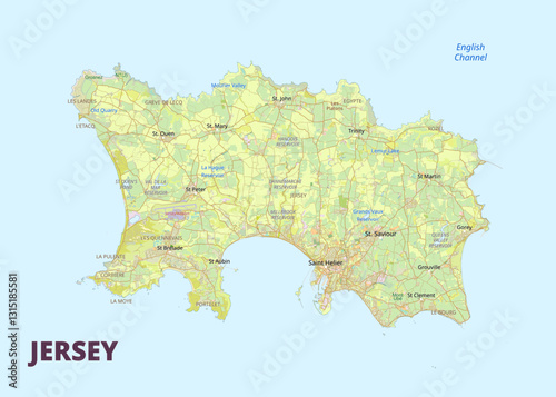 This detailed map showcases the island of Jersey, highlighting its various towns and geographical features. The map is rendered in a light green color scheme, with roads and waterways clearly marked. 