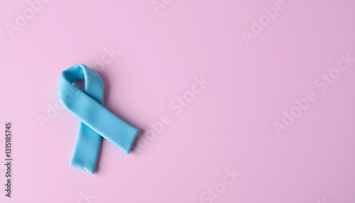 Prostate cancer awareness. Light blue ribbon on color background, closeup. Space for text, craft clay. with white shades