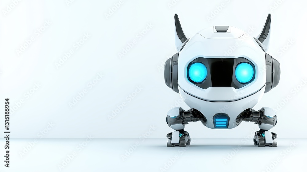 Futuristic robot with piercing blue eyes on white background blueeyed Futuristic robot with piercing blue eyes on white background blueeyed